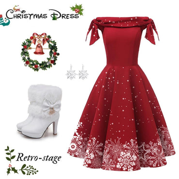 Red 1950s Off-shoulder Snowflake Dress: timeless style reimagined