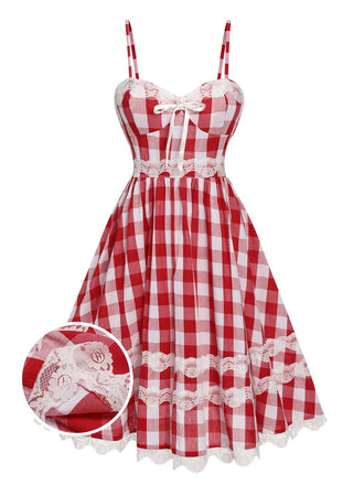 Red 1950s Plaid Lace Bow Strap Dress, vintage dress, retro fashion, rockabilly, pin-up fashion - perfect for women who love vintage and retro fashion