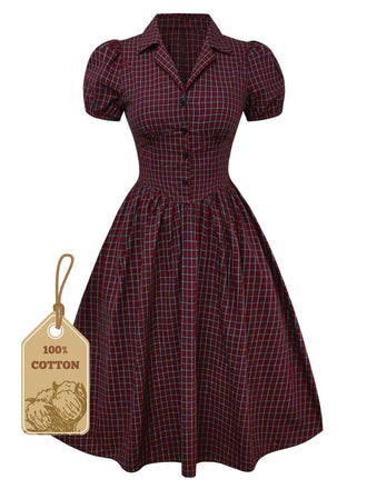 Red 1950s Plaid Lapel Puff Sleeves Cotton Dress - vintage dress, retro fashion, rockabilly