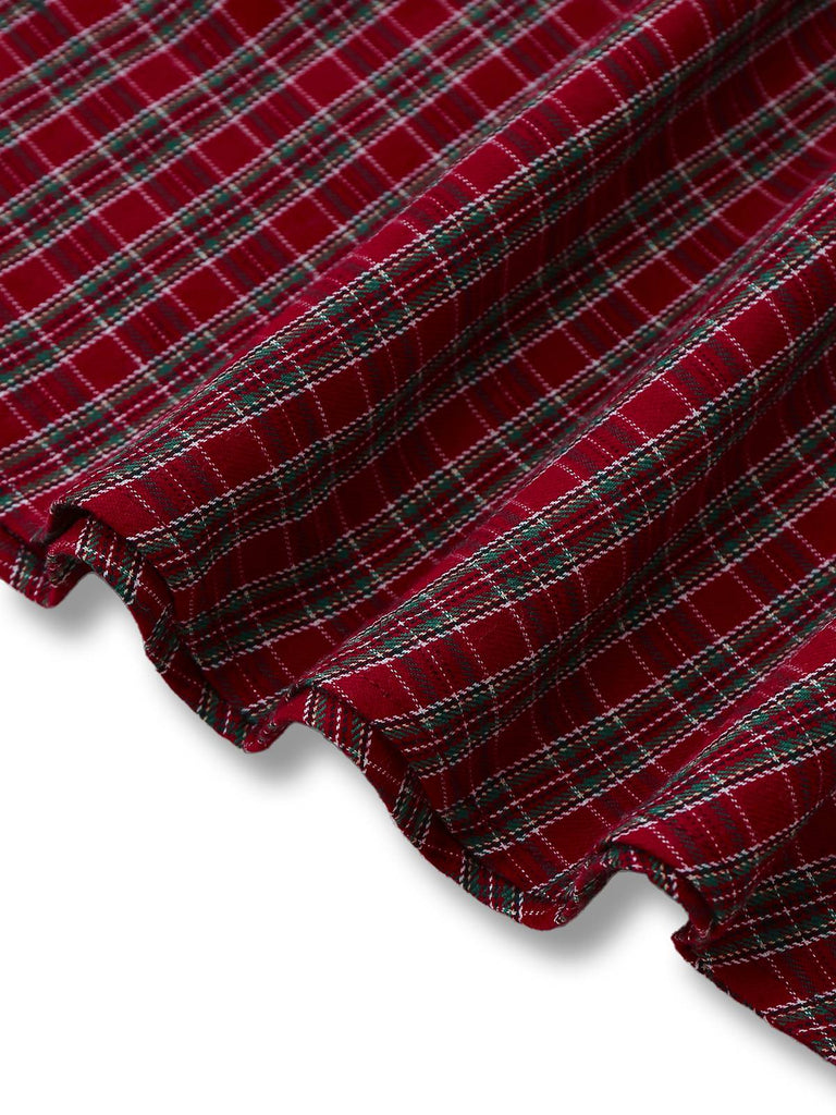 Red 1950s Plaid Ruched Sweetheart Neck Bow Dress - vintage dress, retro fashion, rockabilly