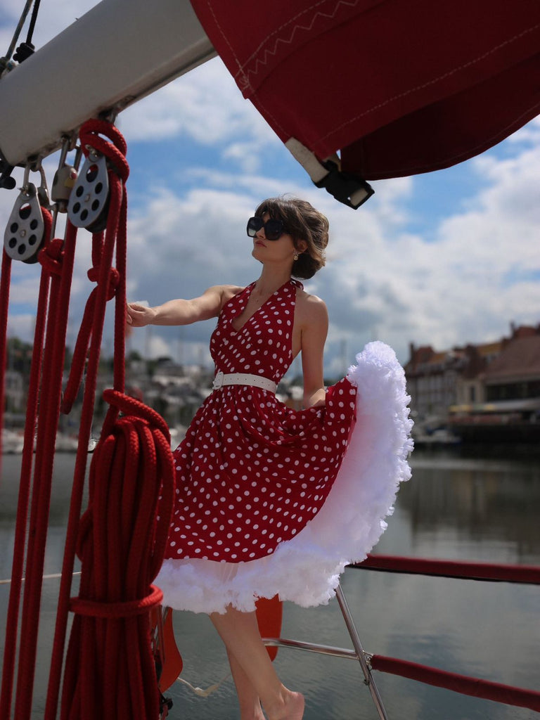 Red 1950s Polka Dot Halter Dress: where 1950s romance meets her modern spirit