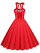 This Red 1950s Polka Dot Halter Swing Dress wraps her in 1950s elegance, one twirl at a time