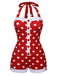 Red 1950s Polka Dot Patchwork Halter Swimsuit: 1950s Riviera elegance, reimagined for her