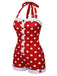 This Red 1950s Polka Dot Patchwork Halter Swimsuit carries 1950s vacation dreams in every stitch