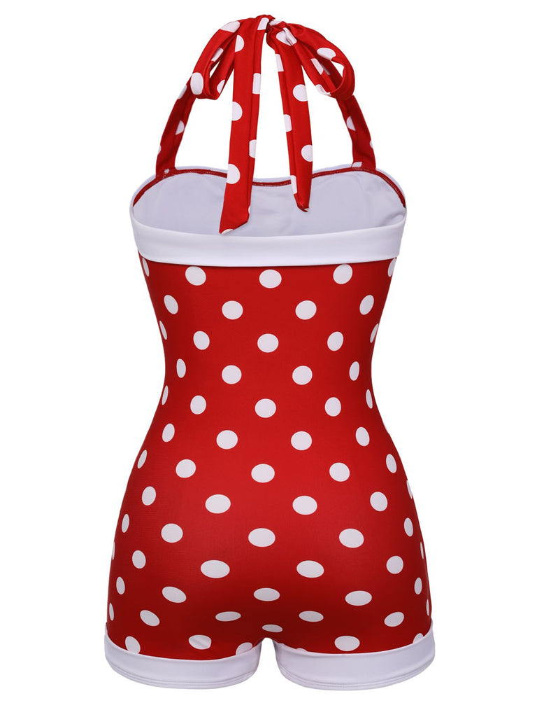 Red 1950s Polka Dot Patchwork Halter Swimsuit — because 1950s glamour never goes out of style