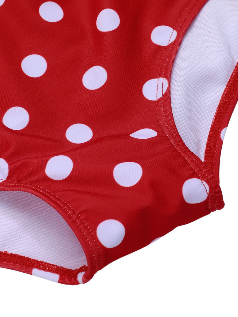 Red 1950s Polka Dot Patchwork Strap Swimsuit, vintage swimsuit, pin-up swimwear - perfect for women who love vintage and retro fashion