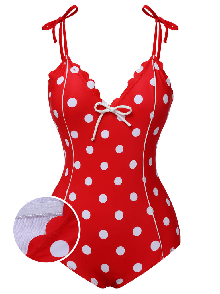 Red 1950s Polka Dot Shoulder Tie Swimsuit, vintage swimsuit, pin-up swimwear - perfect for women who love vintage and retro fashion