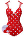 Red 1950s Polka Dot Shoulder Tie Swimsuit, vintage swimsuit, pin-up swimwear - perfect for women who love vintage and retro fashion