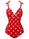 Red 1950s Polka Dot Shoulder Tie Swimsuit, vintage swimsuit, pin-up swimwear - perfect for women who love vintage and retro fashion