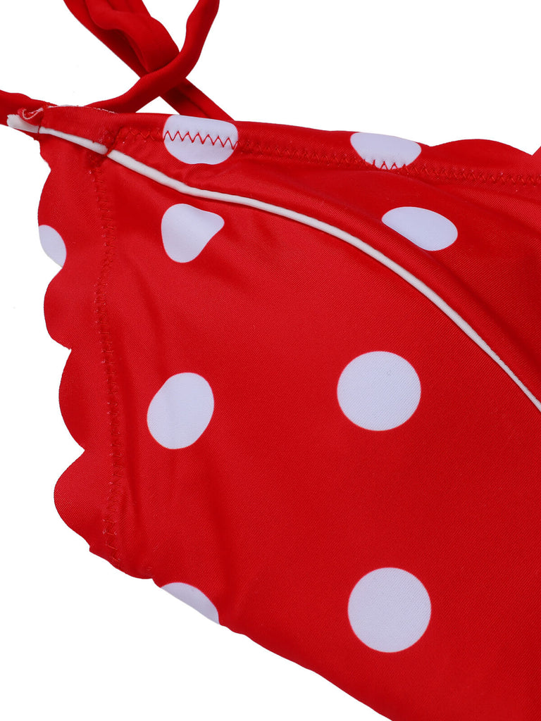 Red 1950s Polka Dot Shoulder Tie Swimsuit, vintage swimsuit, pin-up swimwear - perfect for women who love vintage and retro fashion