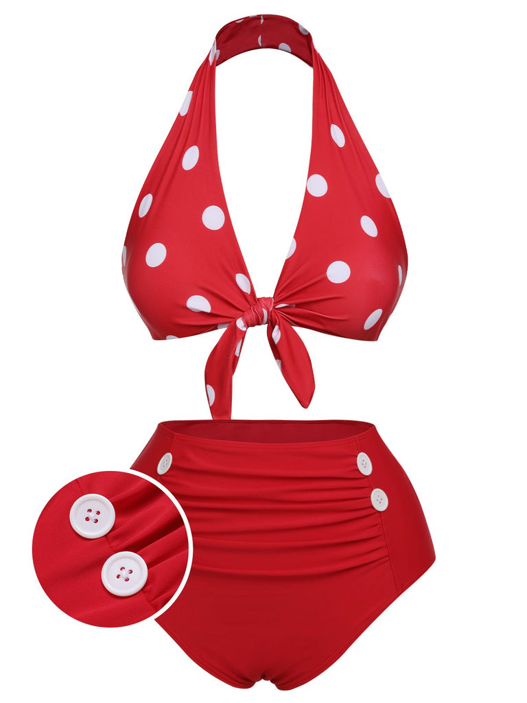 Red 1950s Polka Dot Tie Halter Swimsuit, vintage swimsuit, pin-up swimwear - perfect for women who love vintage and retro fashion