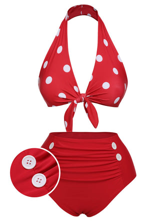 Red 1950s Polka Dot Tie Halter Swimsuit, vintage swimsuit, pin-up swimwear - perfect for women who love vintage and retro fashion