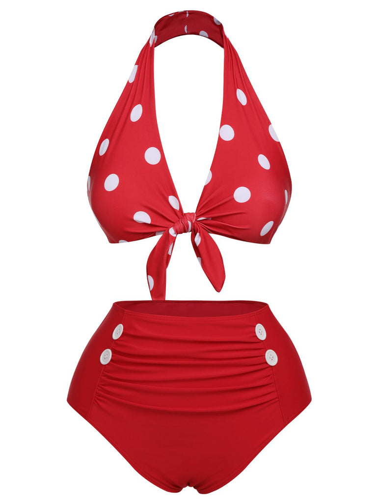 Red 1950s Polka Dot Tie Halter Swimsuit, vintage swimsuit, pin-up swimwear - perfect for women who love vintage and retro fashion