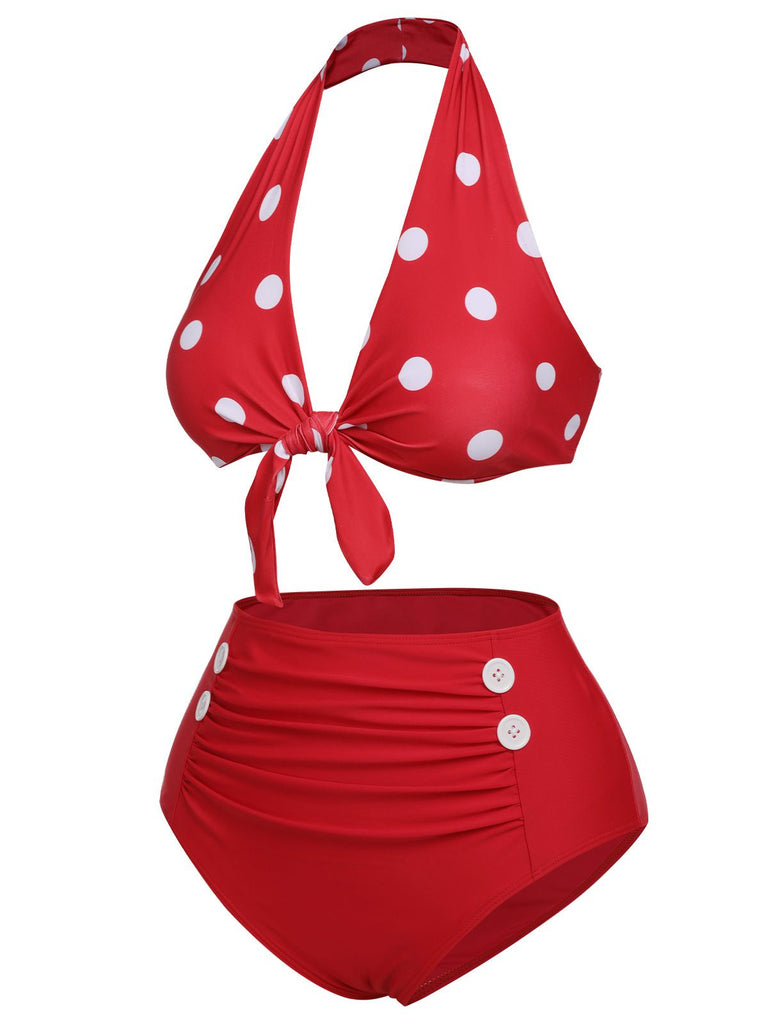 Red 1950s Polka Dot Tie Halter Swimsuit, vintage swimsuit, pin-up swimwear - perfect for women who love vintage and retro fashion