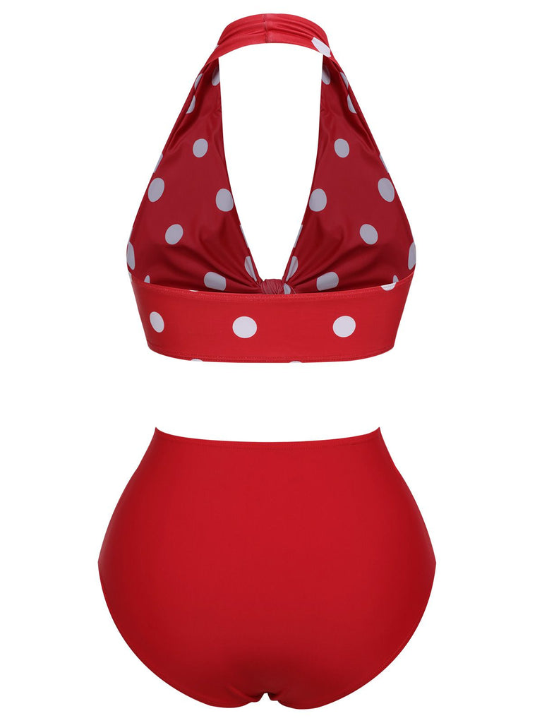 Red 1950s Polka Dot Tie Halter Swimsuit, vintage swimsuit, pin-up swimwear - perfect for women who love vintage and retro fashion