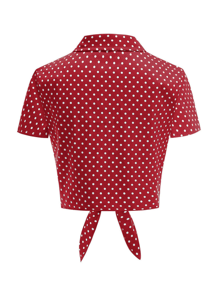 Red 1950s Polka Dot Tie-Front Cropped Blouse: beautiful vintage blouse, retro top, classic style with timeless appeal