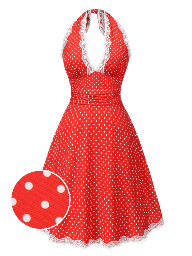 She slips into this Red 1950s Polka Dots Pleated Lace Halter Dress and suddenly it's a 1950s daydream