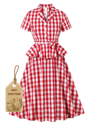 She slips into this Red 1950s Pure Cotton Gingham Plaids Belted Dress and suddenly it's a 1950s daydream