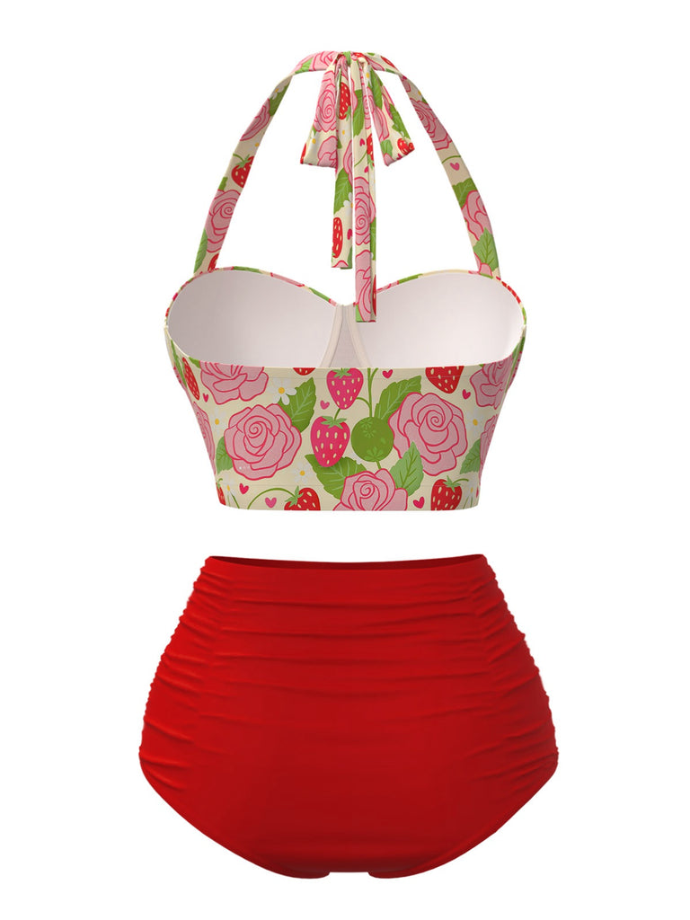 This Red 1950s Rose & Strawberry Halter Swimsuit carries 1950s vacation dreams in every stitch