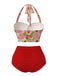This Red 1950s Rose & Strawberry Halter Swimsuit carries 1950s vacation dreams in every stitch