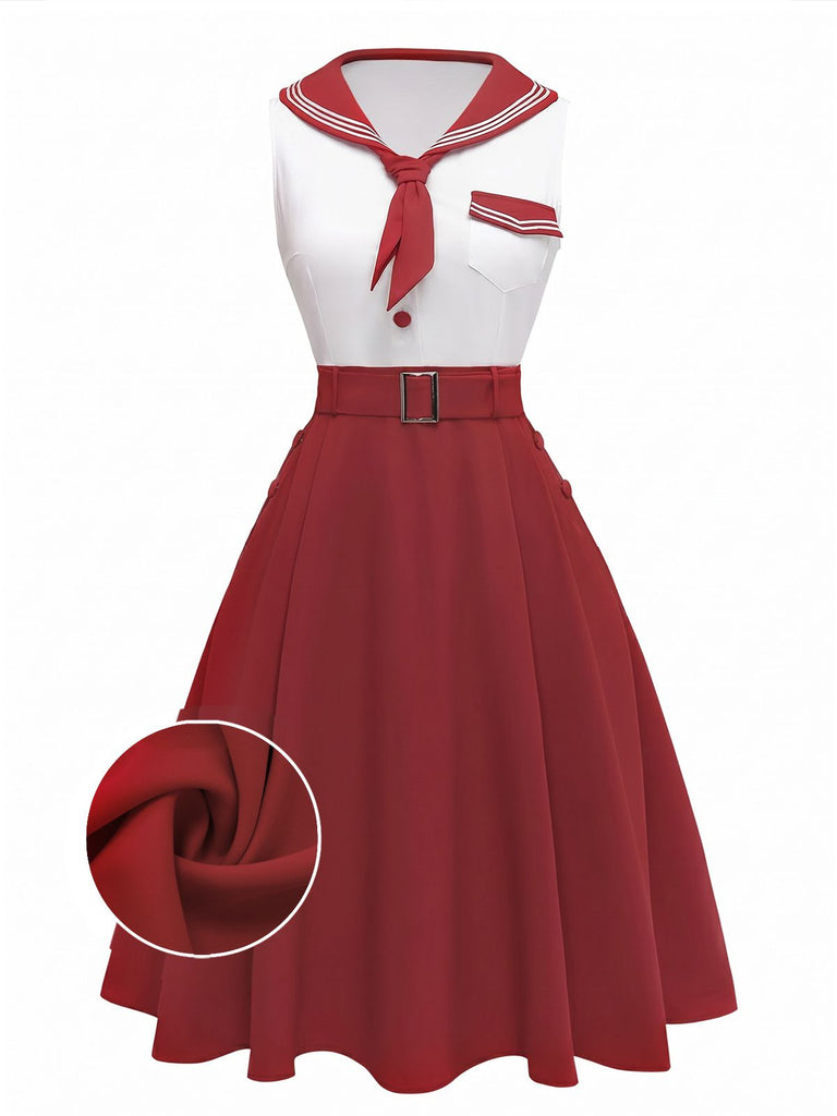 [Pre-Sale] Red 1950s Sailor Collar Belted Sleeveless A-Line Dress, vintage dress, retro fashion, rockabilly, pin-up fashion - perfect for women who love vintage and retro fashion