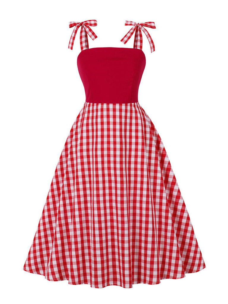 Red 1950s Shoulder Tie Gingham Plaid Dress - vintage dress, retro fashion, rockabilly