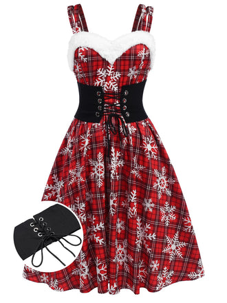 Red 1950s Snowflake Plaid Plush Trim Dress, vintage dress, retro fashion, rockabilly, pin-up fashion - perfect for women who love vintage and retro fashion