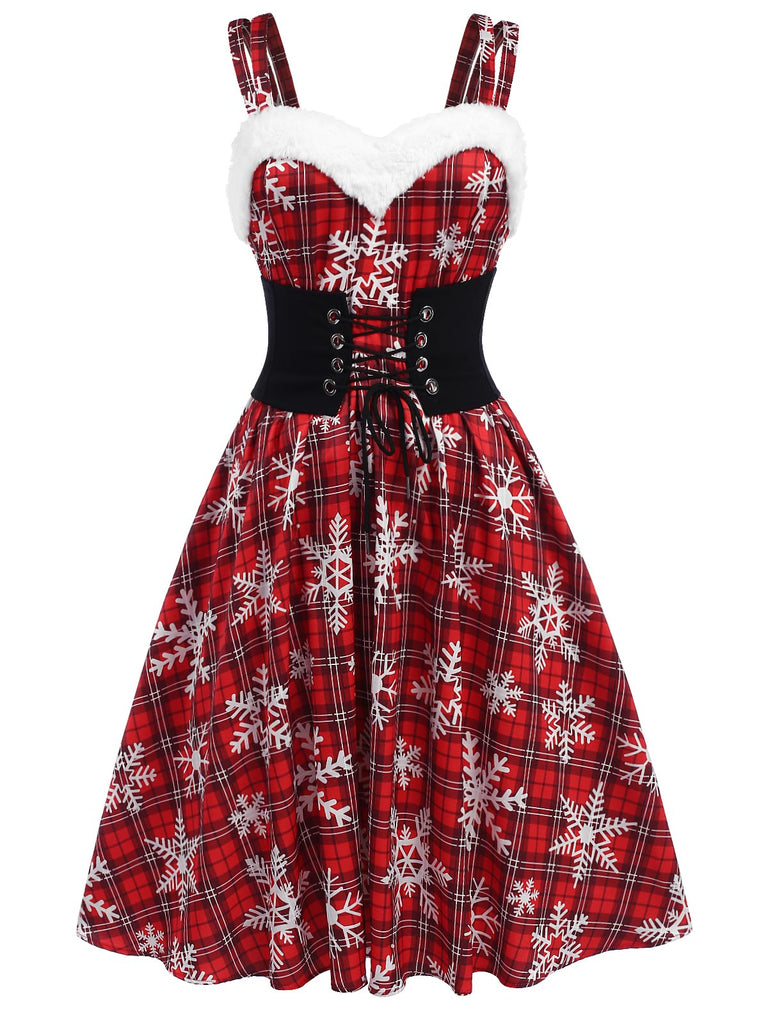 Red 1950s Snowflake Plaid Plush Trim Dress, vintage dress, retro fashion, rockabilly, pin-up fashion - perfect for women who love vintage and retro fashion