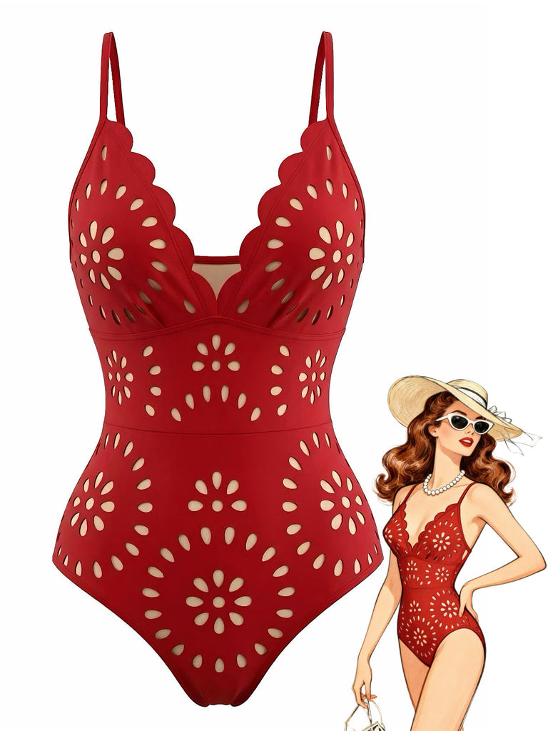 Red 1950s Solid Burnout Petal Collar Swimsuit - vintage swimwear, retro swimsuit, pin-up style for vintage lovers