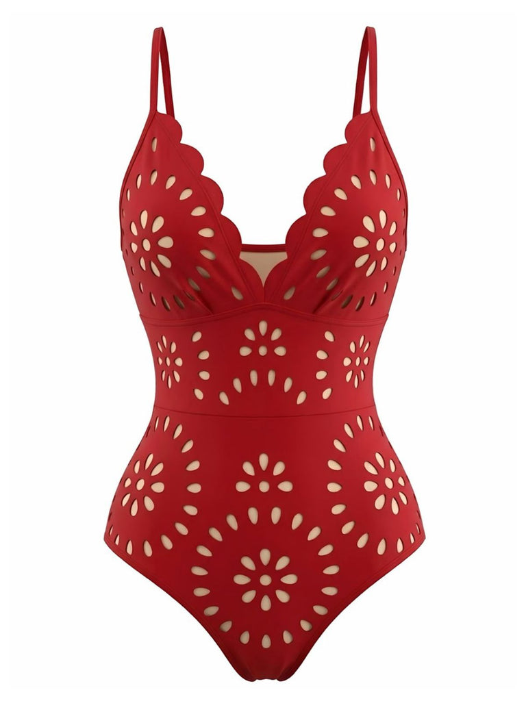 Red 1950s Solid Burnout Petal Collar Swimsuit: beautiful vintage swimwear, retro swimsuit, pin-up style with timeless appeal