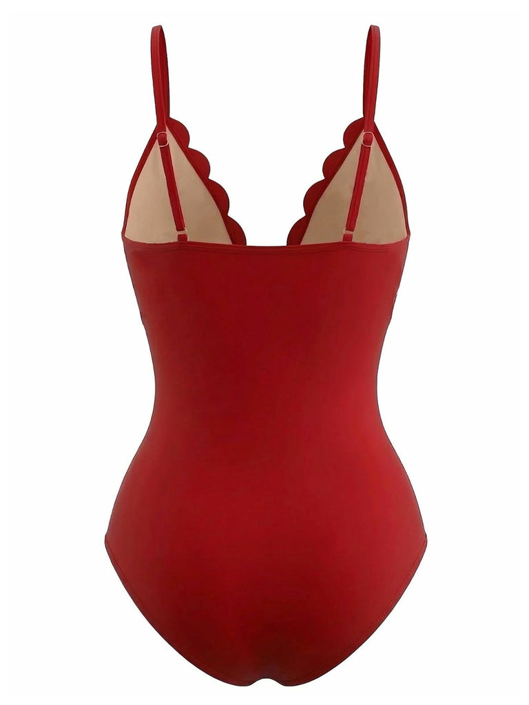 Red 1950s Solid Burnout Petal Collar Swimsuit | vintage swimwear, retro swimsuit, pin-up style - perfect for retro fashion enthusiasts