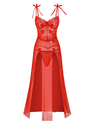 Red 1950s Spaghetti Strap Lace 3D Flower Nightgown - vintage nightgown, retro sleepwear, elegant red
