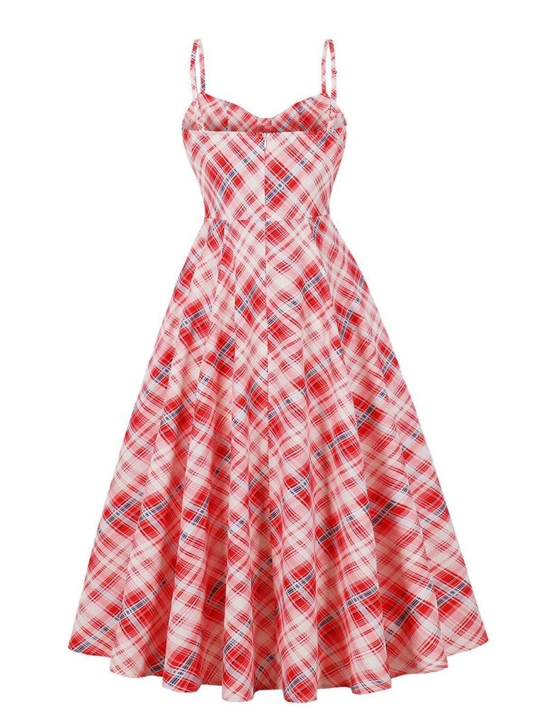 Red 1950s Spaghetti Straps Plaid Swing Dress - vintage dress, retro fashion, rockabilly