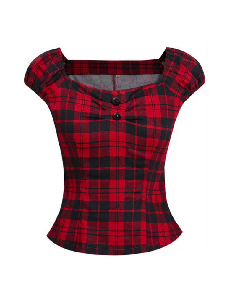 She pairs this Red 1950s Square Neck Plaid Tops with confidence and 1950s charm