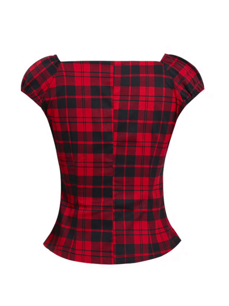 Red 1950s Square Neck Plaid Tops: a 1950s classic that whispers rather than shouts