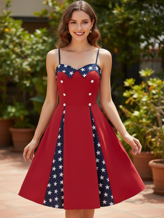 Red 1950s Stars Patchwork Strap Dress, vintage dress, retro fashion, rockabilly, pin-up fashion - perfect for women who love vintage and retro fashion