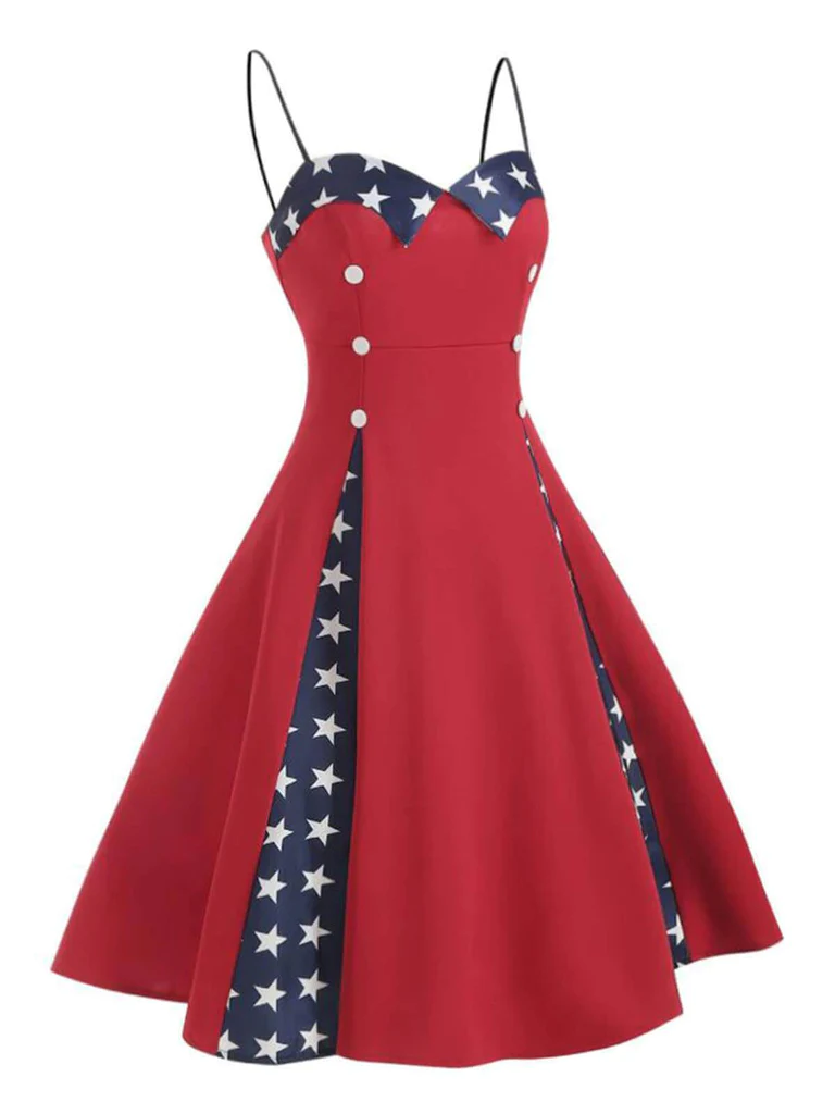 Red 1950s Stars Patchwork Strap Dress: timeless style reimagined
