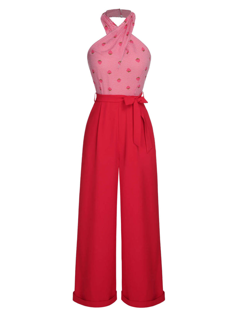 Red 1950s Strawberry Cross Halter Jumpsuit, vintage romper, retro jumpsuit - perfect for women who love vintage and retro fashion