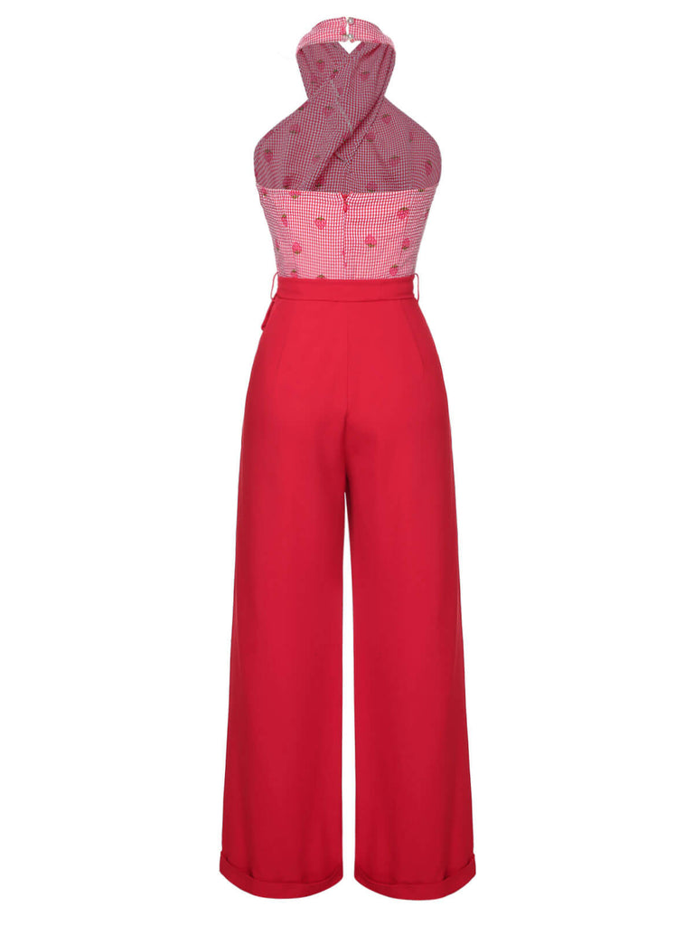 Red 1950s Strawberry Cross Halter Jumpsuit, vintage romper, retro jumpsuit - perfect for women who love vintage and retro fashion