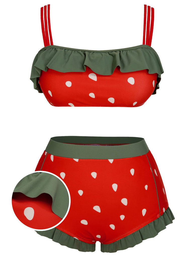 [Plus Size] Red 1950s Strawberry Ruffle Strap Swimsuit, vintage swimsuit, pin-up swimwear - perfect for women who love vintage and retro fashion