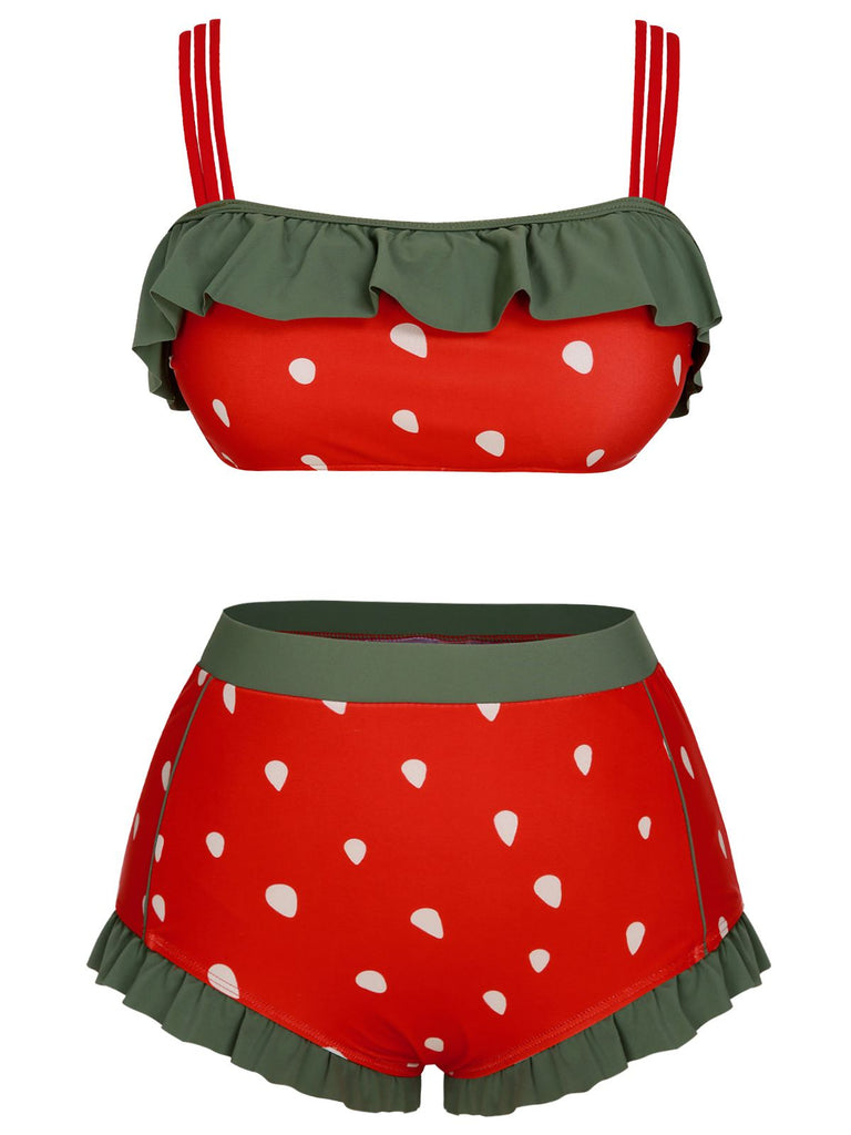 [Plus Size] Red 1950s Strawberry Ruffle Strap Swimsuit, vintage swimsuit, pin-up swimwear - perfect for women who love vintage and retro fashion