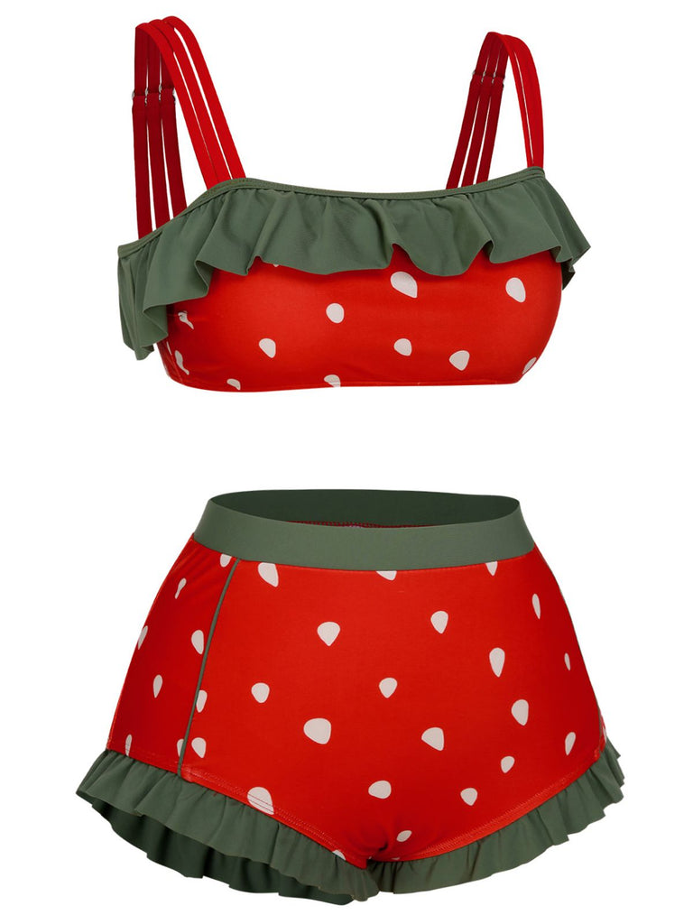 [Plus Size] Red 1950s Strawberry Ruffle Strap Swimsuit, vintage swimsuit, pin-up swimwear - perfect for women who love vintage and retro fashion