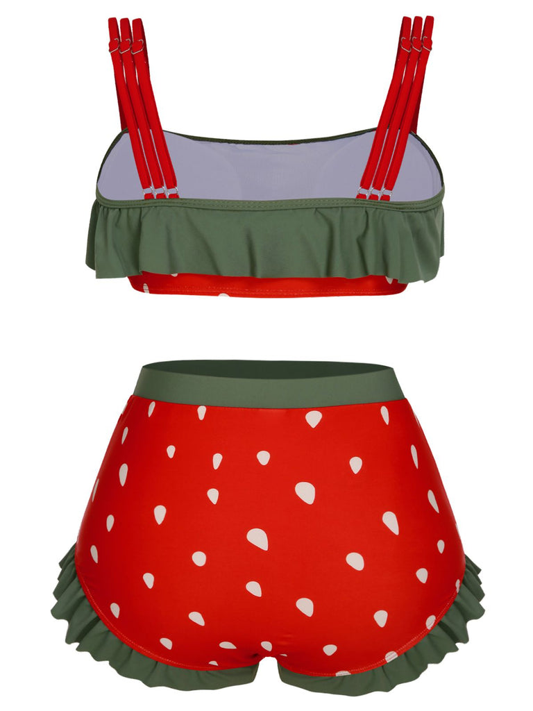 [Plus Size] Red 1950s Strawberry Ruffle Strap Swimsuit, vintage swimsuit, pin-up swimwear - perfect for women who love vintage and retro fashion