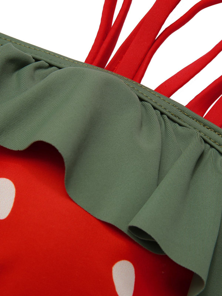 [Plus Size] Red 1950s Strawberry Ruffle Strap Swimsuit, vintage swimsuit, pin-up swimwear - perfect for women who love vintage and retro fashion