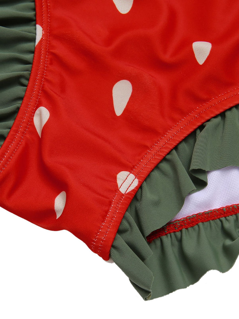 [Plus Size] Red 1950s Strawberry Ruffle Strap Swimsuit, vintage swimsuit, pin-up swimwear - perfect for women who love vintage and retro fashion