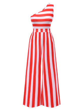 Red 1950s Striped One-Shoulder Jumpsuit, vintage romper, retro jumpsuit - perfect for women who love vintage and retro fashion