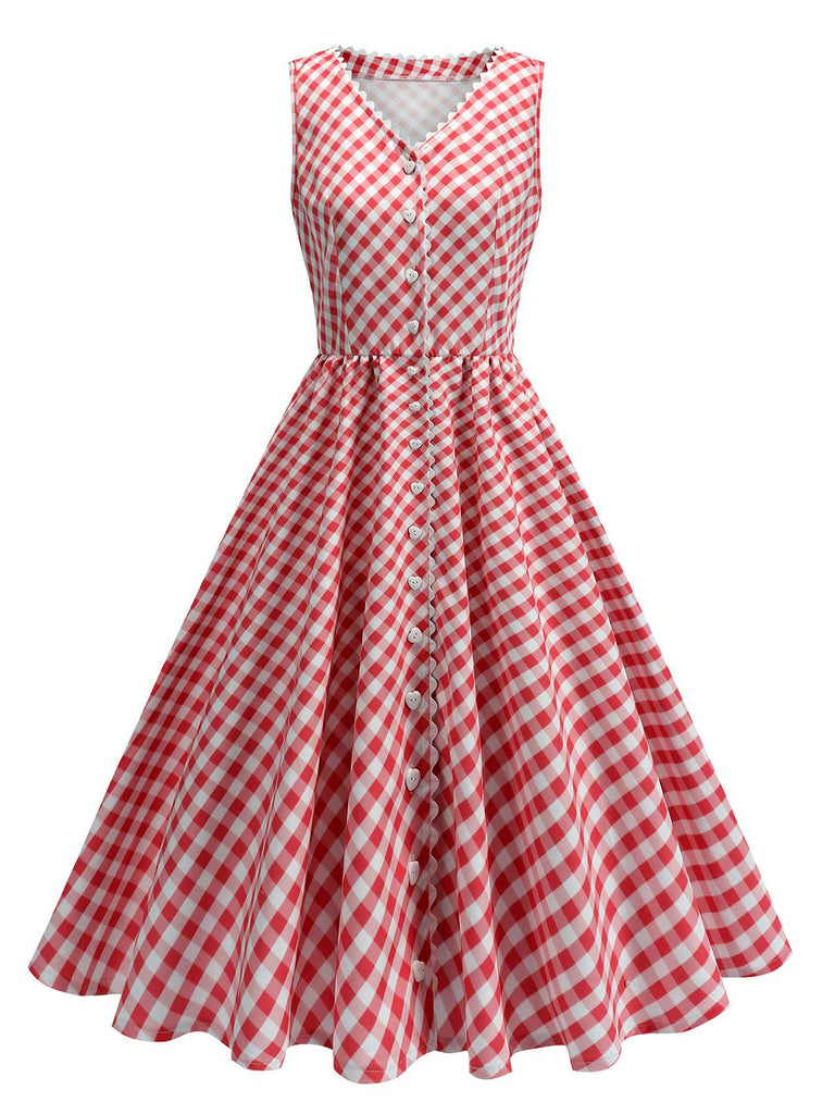 Red 1950s V-Neck Gingham Plaid Dress - vintage dress, retro fashion, rockabilly