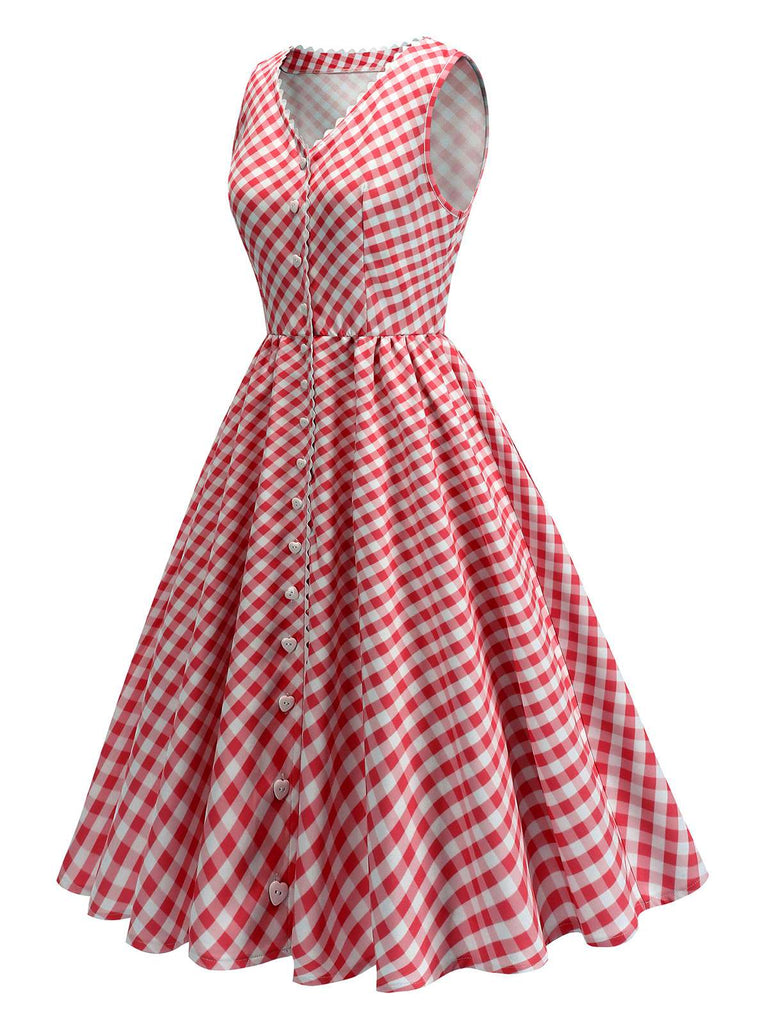 Red 1950s V-Neck Gingham Plaid Dress - vintage dress, retro fashion, rockabilly