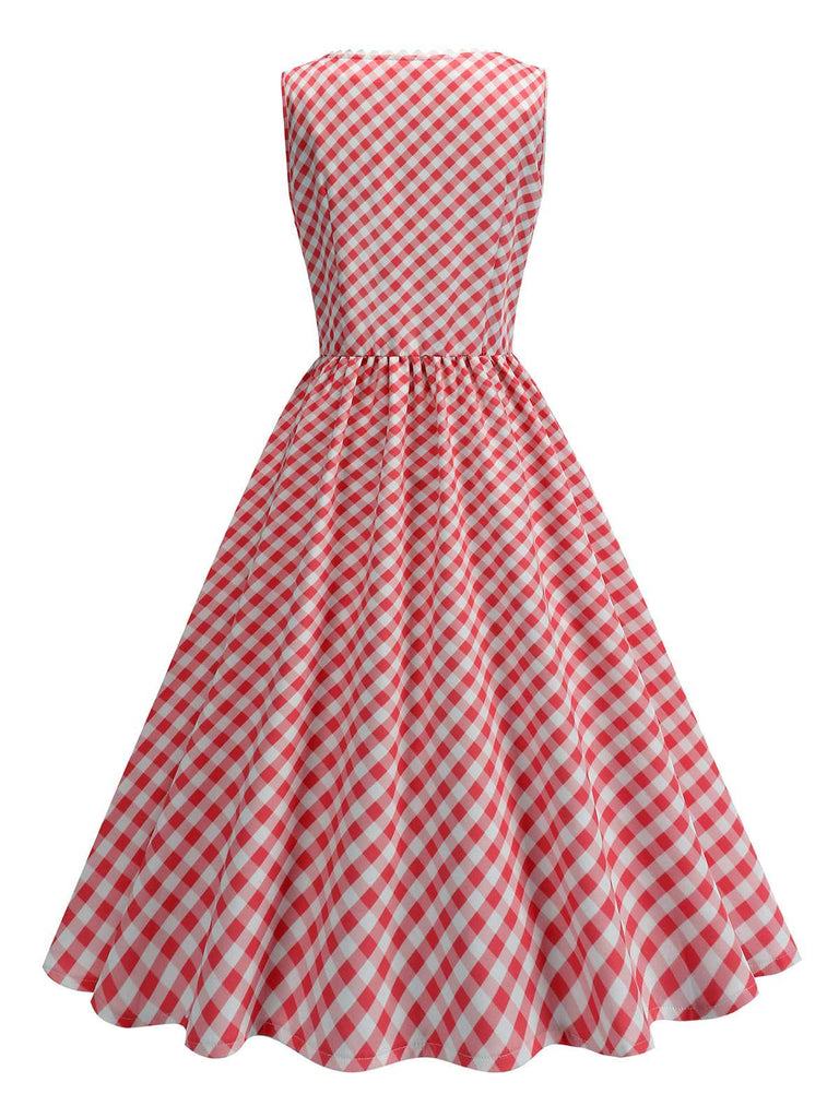 Red 1950s V-Neck Gingham Plaid Dress - vintage dress, retro fashion, rockabilly