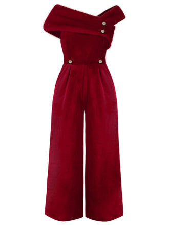 She finds her 1950s story in this Red 1950s Velvet Off Shoulder Button Jumpsuit